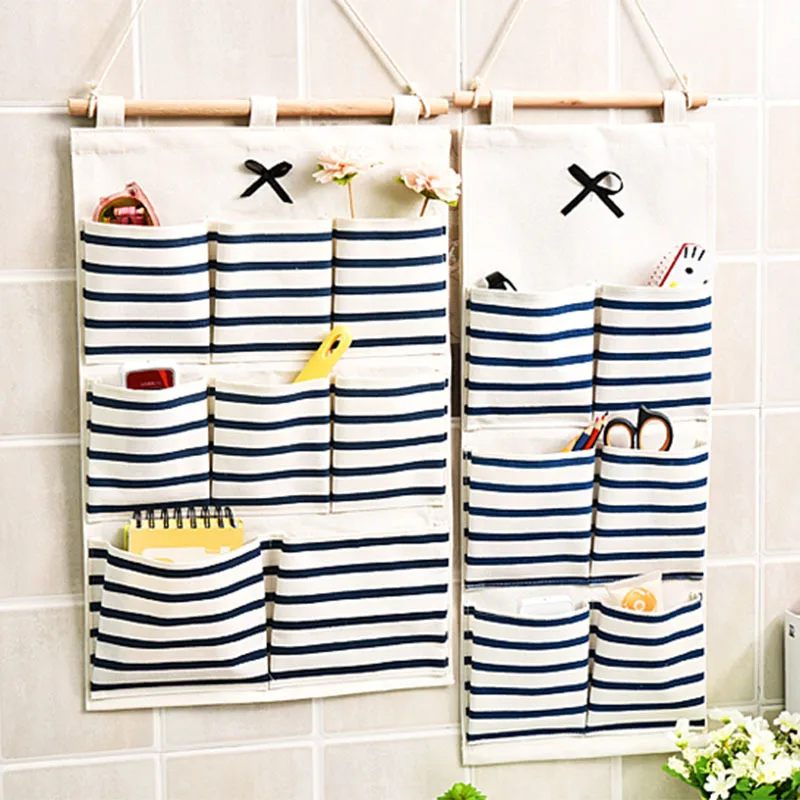 

Striped Storage Bag for Kitchen and Bathroom, 6-pocket, Eight-pocket, Bow, Wall-mounted, Cotton and Linen Hanging Bag