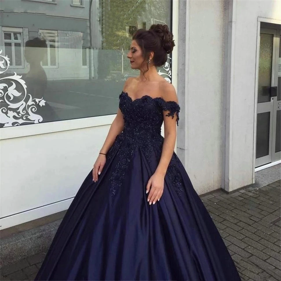 

ANGELSBRIEP темно-синие милые платья Quinceanera для вечеринки 15, сексуальные атласные атласные платья с открытыми плечами и аппликацией на день рождения, принцесса больших размеров