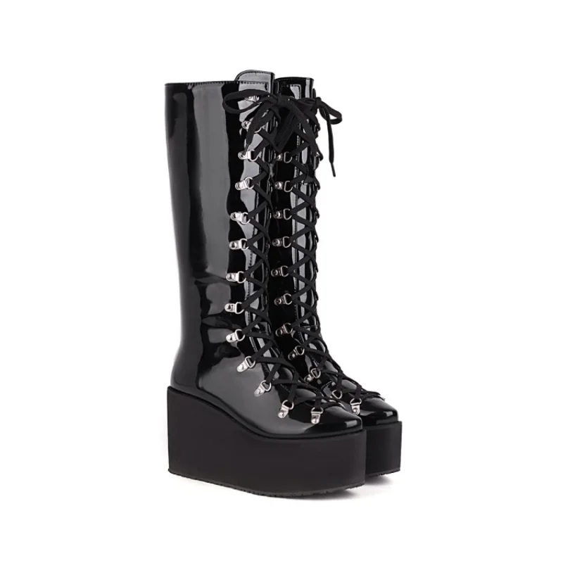 Patent Leather Ladies\' platform BOOTS Winter boots Square toes Lace-up Wedge heel boots esque platform Knee-high Boots