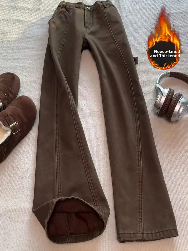 

Ce Brown Men's Winter Fce Lined Slim Fit Straight Leg Jeans Diagonal Cut Vintage American Workwear Trousers