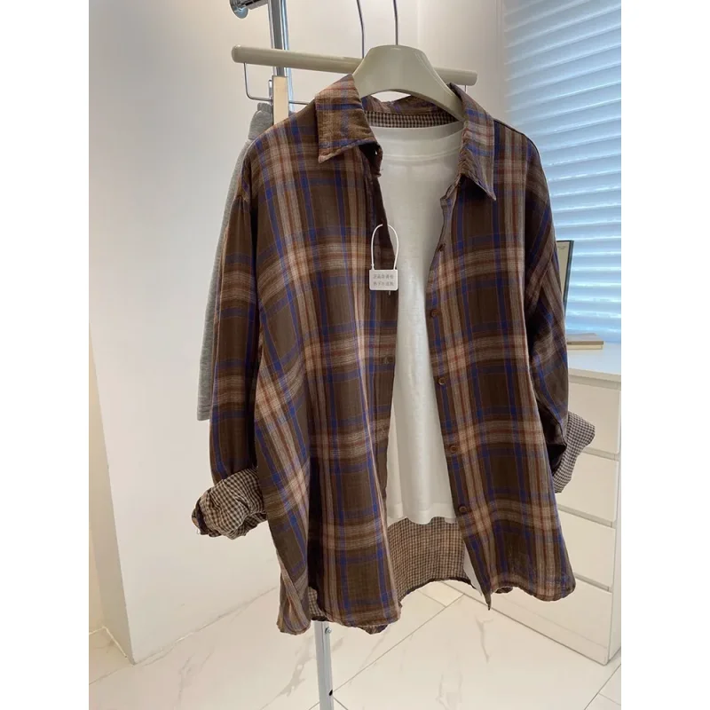 Frauen Vintage Langarm-shirt Übergroßen Kariertes Hemd Herbst Winter Mode Lose Revers Hemd Fit Bluse