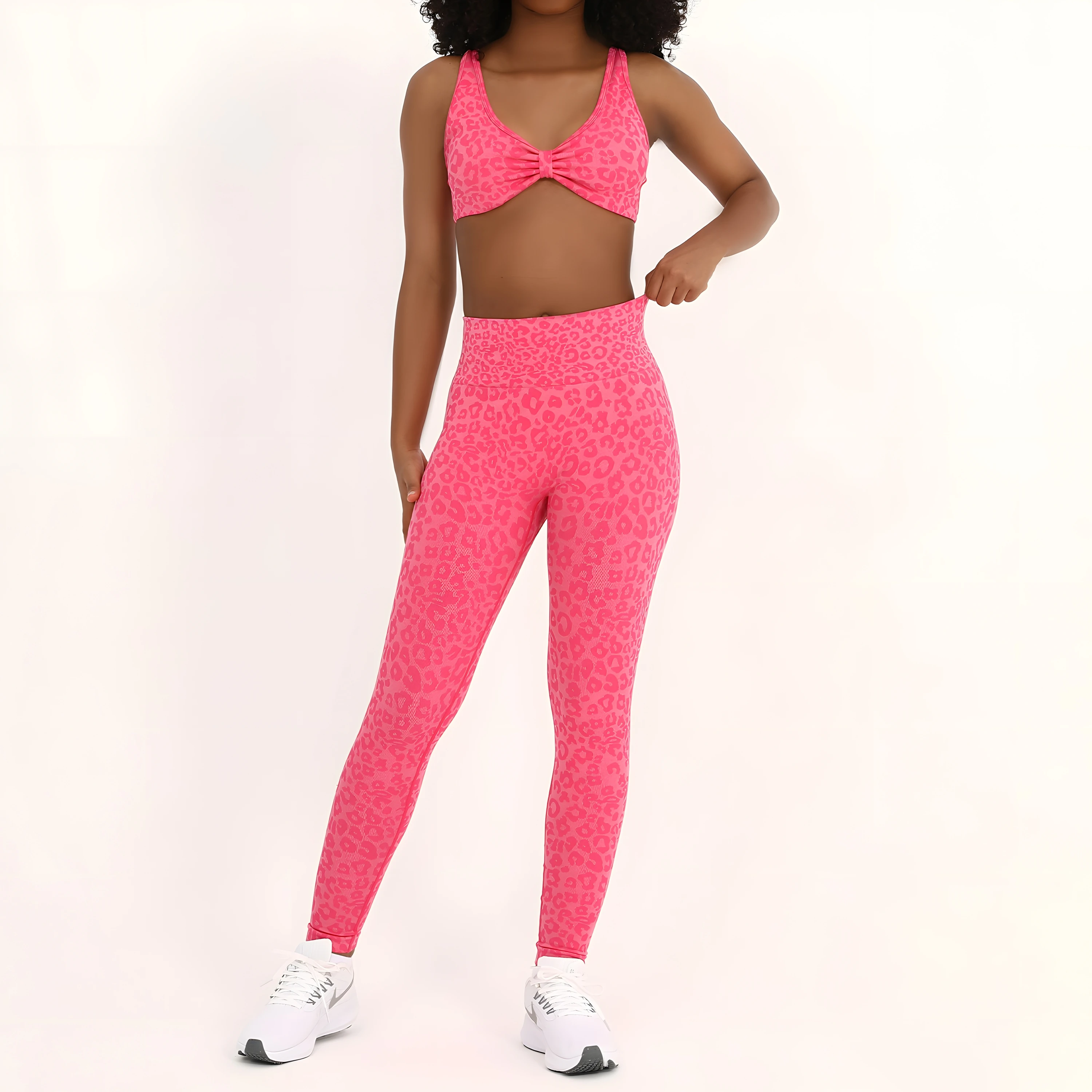 

Women 2 Piece Workout Set High Waist Seamless Leopard Yoga Pants Deep V Sports Bra Set Strappy Backless Gym Outfit for Fitne