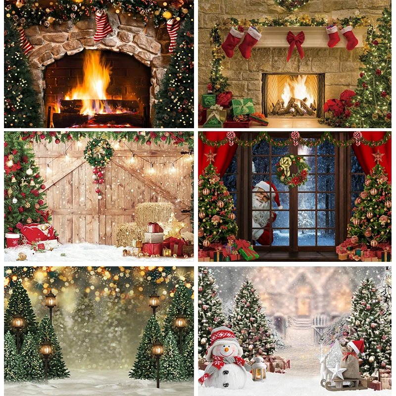 

Winter Christmas Tree Backdrop Party Xmas Sock Snow Gifts Santa Claus Photograph Background Photo Banner Decoration Prop