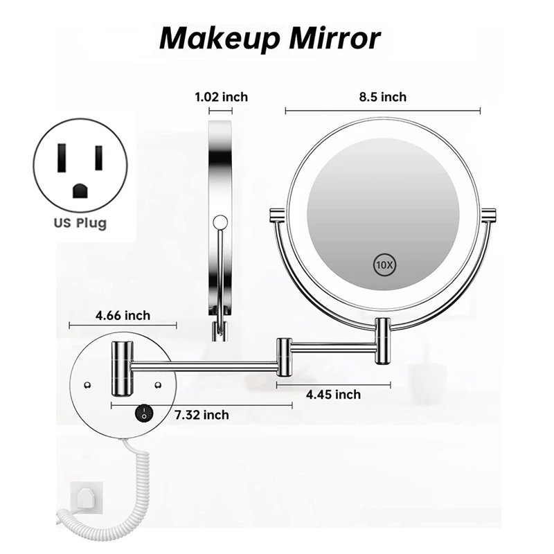 Miroir Mural LED Rond Double Face Grossissant 1X/10X avec Bouton Lumineux, Prise US Chromée, 360