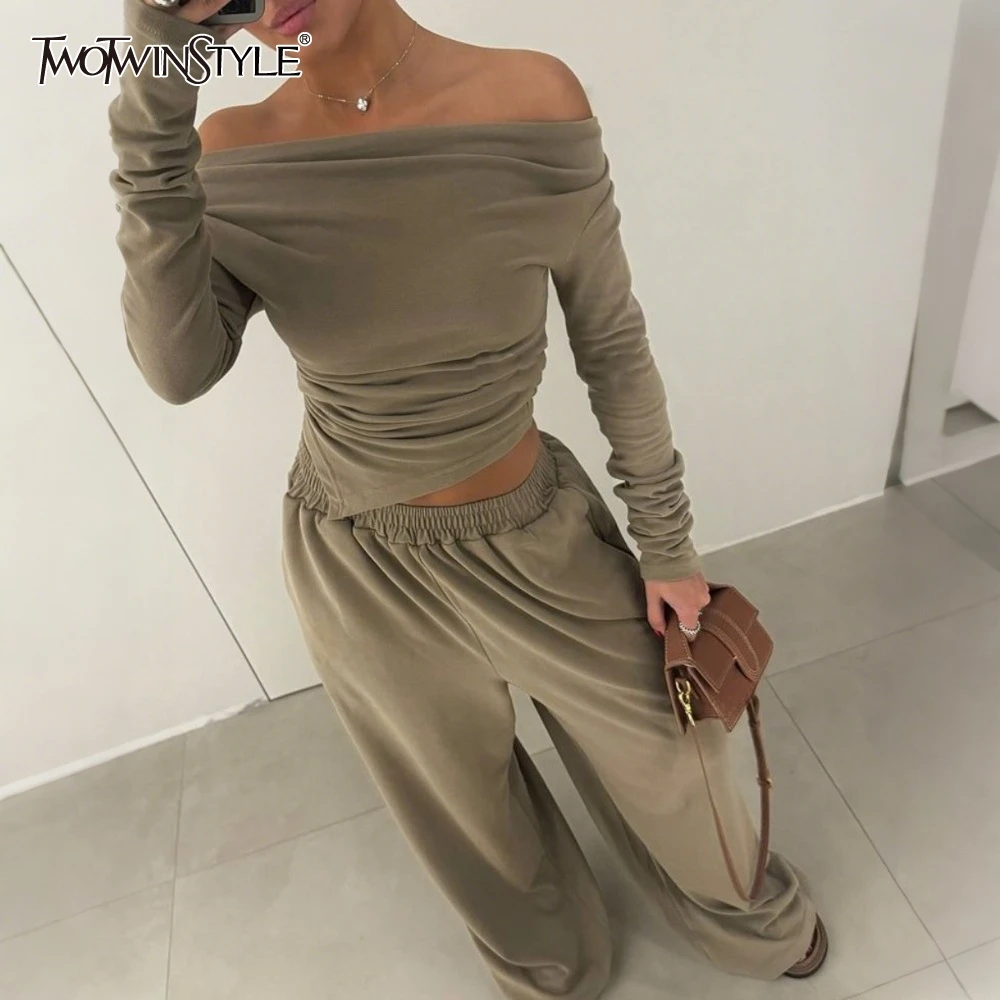 

TWOTWINSTYLE Solid Two Piece Set for Women Slash Neck Irregular Hem Long Sleeve Top High Waist Straight Pant Casual Suit Female