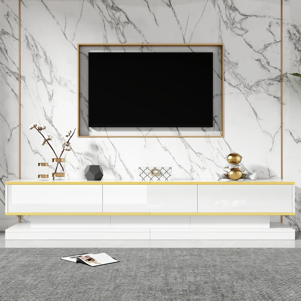 Moderner TV-Ständer mit 3 Schubladen, warmweißes Lowboard, goldener Rand, Wohnzimmer-Aufbewahrungsschrank – Detail 5