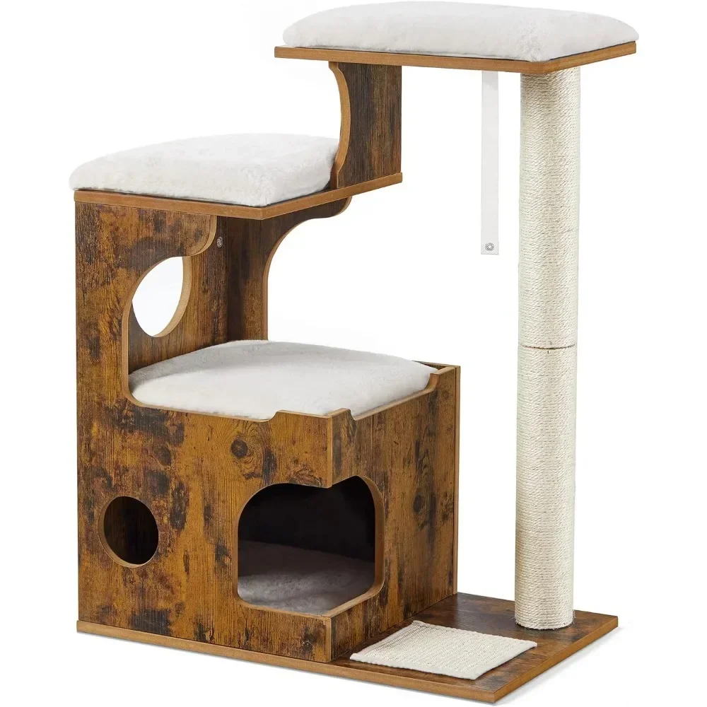 

33.9-Inch Cat Tower, with 3 Beds and Cave, Cat Condo Made of MDF with Wood Veneer, Sisal Post and Washable Faux Fur