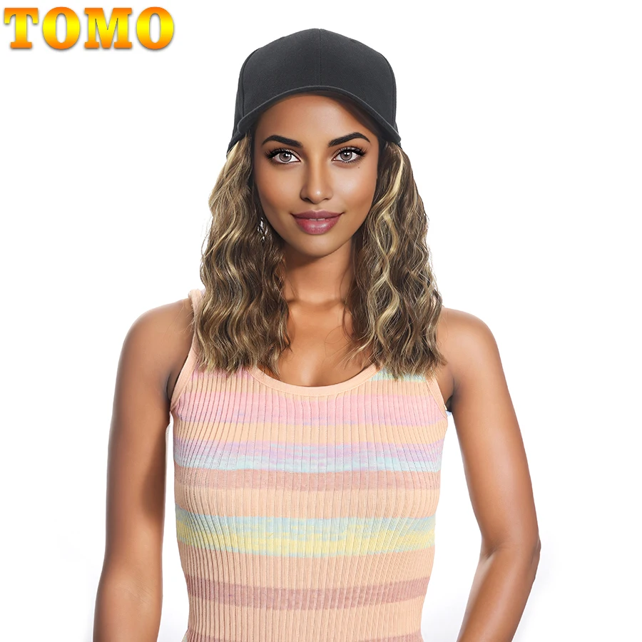 TOMO-Perruque de Baseball Synthétique Courte Ondulée, Bob Naturel, Chapeau Noir, Casquette avec Cheveux Allergiques, Ajustable pour Bol