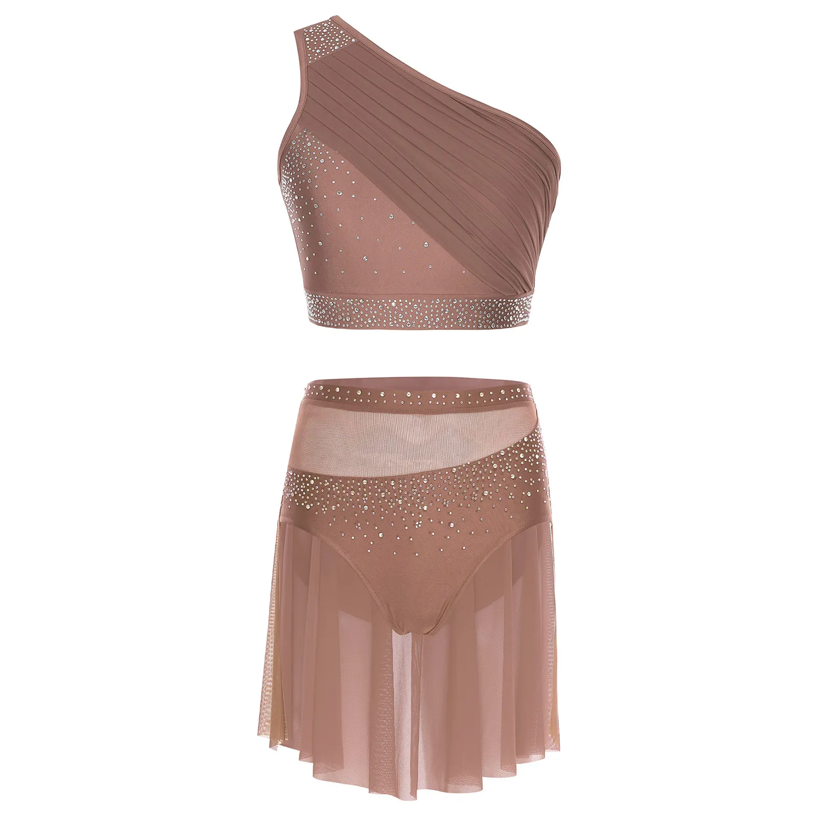 

Women Tango Latin Modern Dance Wear One Shoulder Sleeveless Latin Crop Top And Skirt for Belly Ballroom Dance Stage Performance