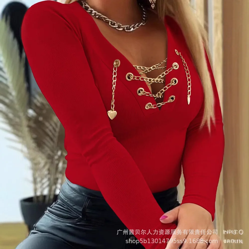 المرأة الصيف الخامس الرقبة طويلة الأكمام سلسلة ديكور تي شيرت عادية سليم صالح مضلع