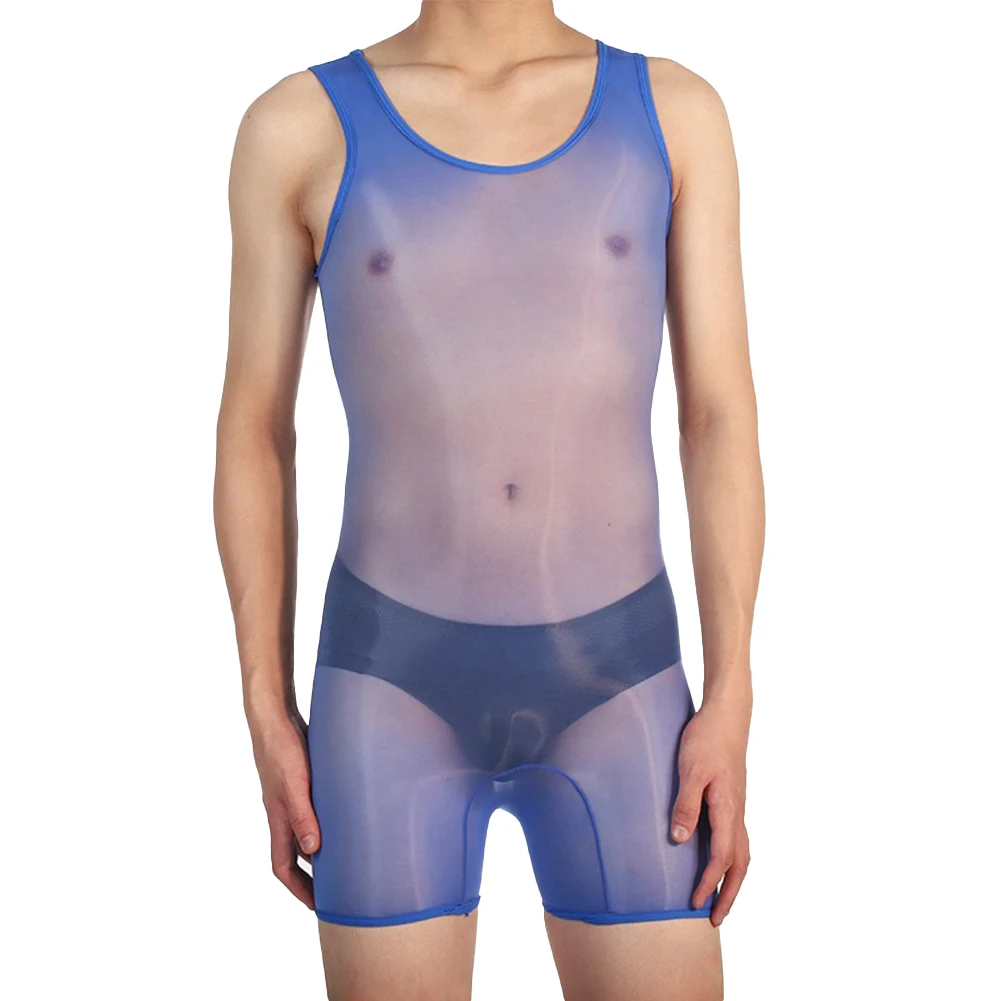Lingerie seksi pria Bodysuit tipis berkilau minyak Bodysuit tanpa lengan melar pakaian dalam tembus pandang Jumpsuit transparan U cembung Pouch Bodysuit