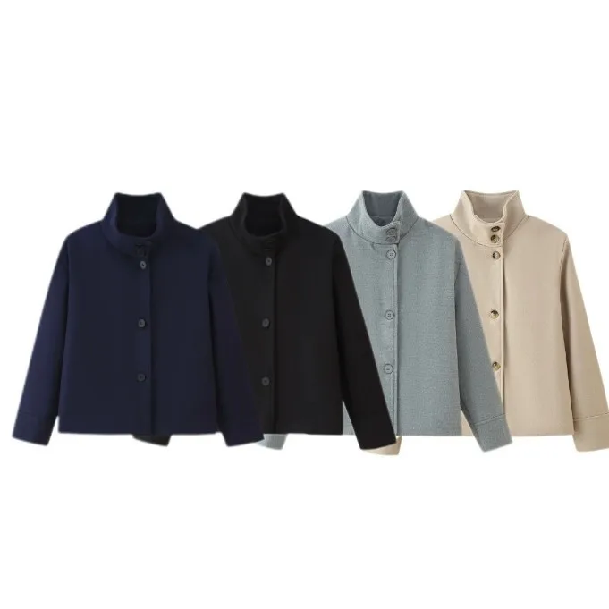 ストリートレディースショートウールコートスタンドカラーシングルブレスト長袖ポケットジャケット2026秋レディースカジュアル通勤アウター