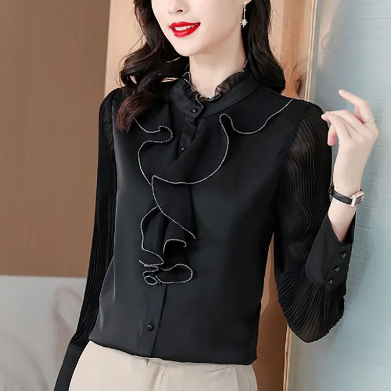 Camisa holgada elegante con cuello levantado y botones para mujer, ropa informal con volantes, blusa para viaje que combina con todo, primavera 2023