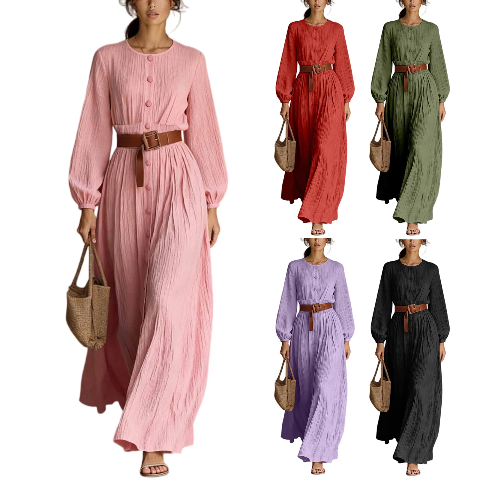 Single Breasted Round Neck Long Sleeved Dress Fashion Casual Dress Without Belt Spring And Autumn Women'S Solid Color Dress