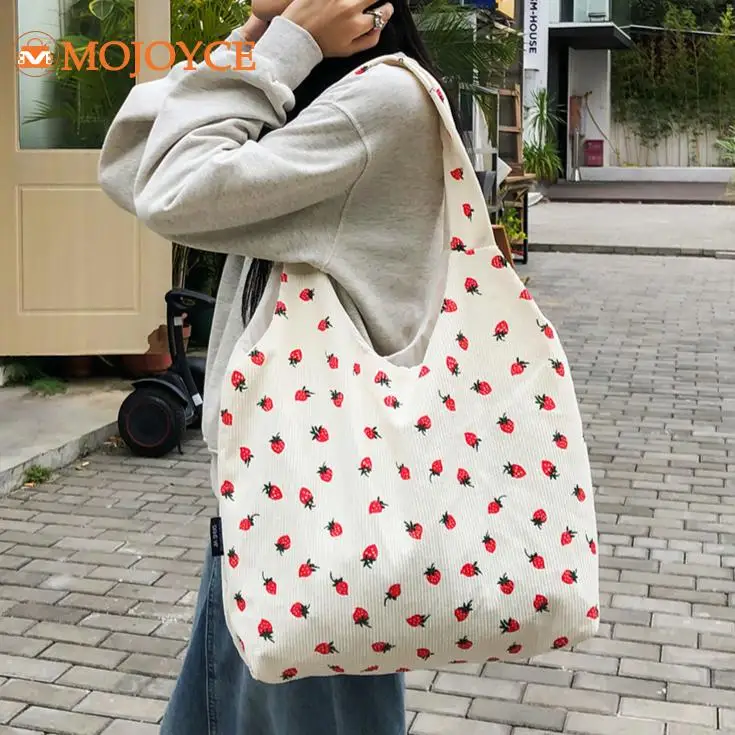 Women's Corduroy Grocery Bag Fashion Printed Soft Shoulder Bag Large Capacity Underarm Bags Ladies Versatile Lightweight Handbag