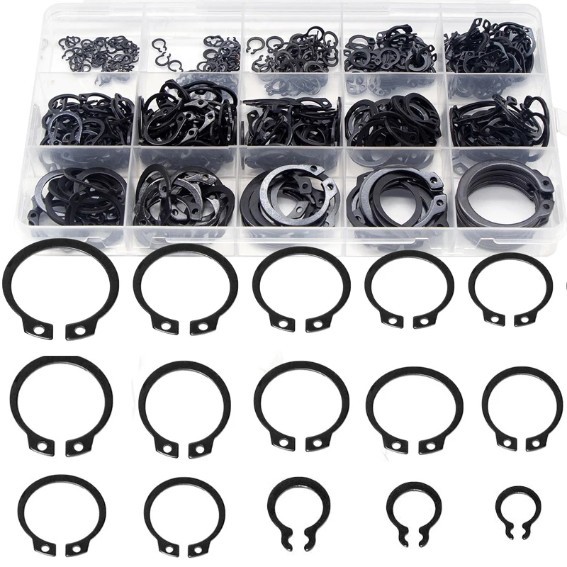 455pcs M3-M25 Carbon Steel Black 65mn Shaft Bearing Retaining Clip Snap Ring C Type External Circlip Assortment Kit Set