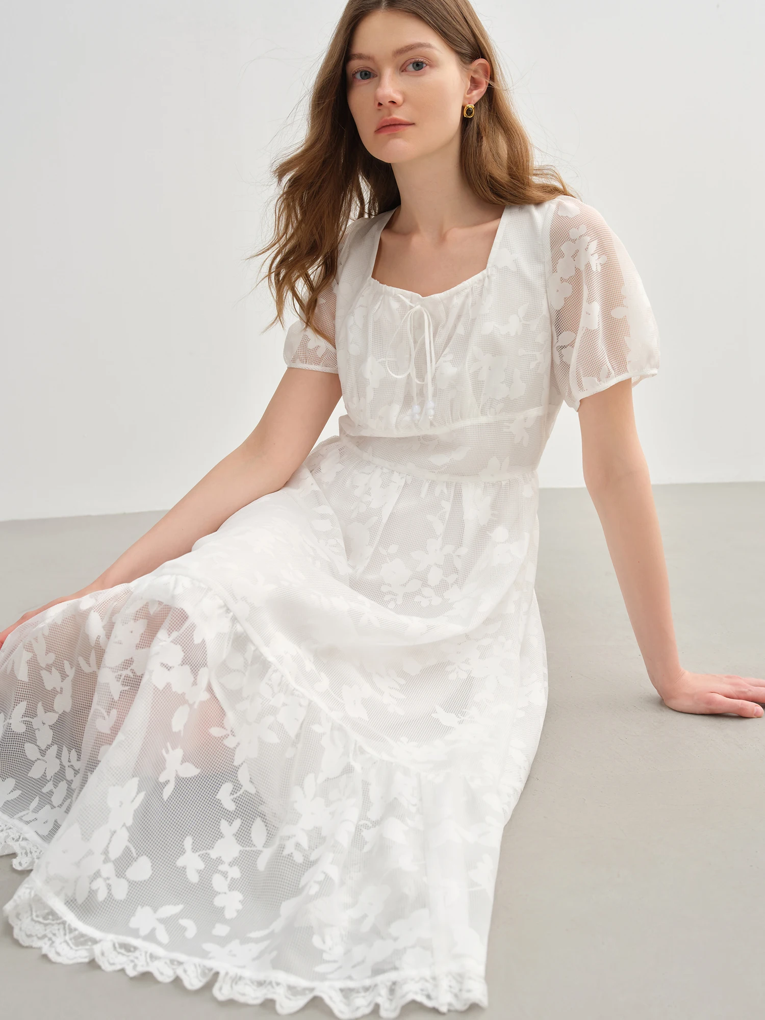 DUSHU vestido Burnout con escote cuadrado y lazo francés de talla grande para mujer - 2025 novedad de verano llegada elegante vestido blanco dulce 25DS82286