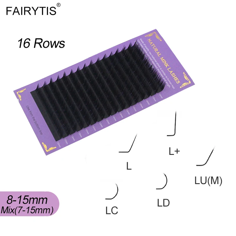 FAIRYTIS 16rows/case L+/LU/L/LC/LD Curl Individual Eyelashes 7~15mm Mix Black Natural Mink Lashes Extension Soft Makeup