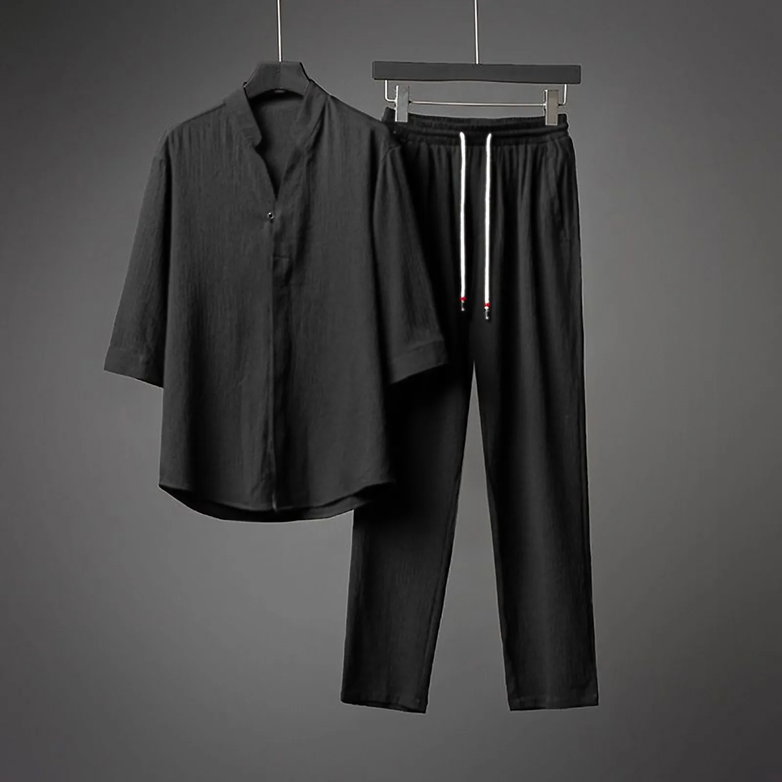 

Men's Solid Colour Two-Piece Men's Simple New Fashionable Loose Buttoned Five-Quarter Sleeve Shirt Lace-Up Trousers Suit