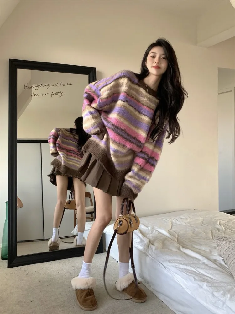 Deeptown Vintage Rainbow Striped Sweater Women Y2K Korean Style Oversize Pullover Knitted Tops Jerseys Egirl Kpop Casual Jumper