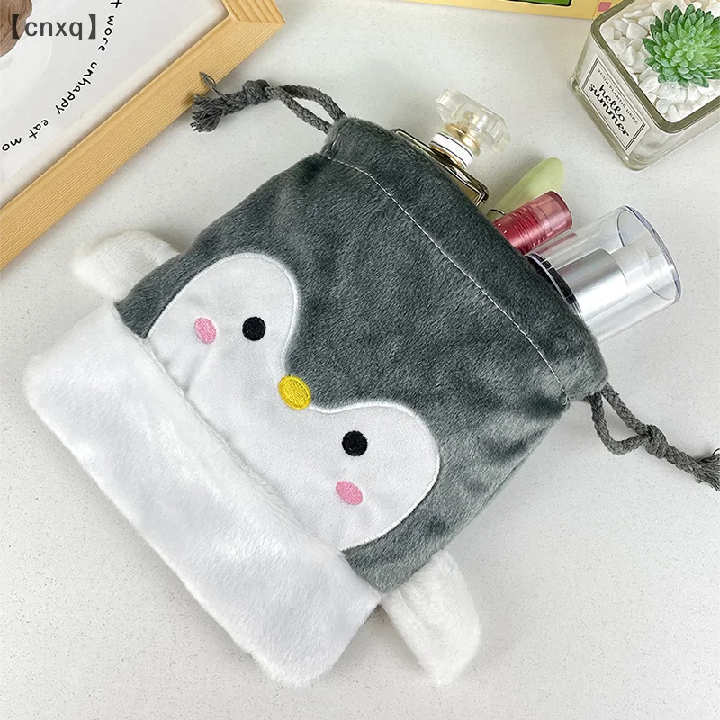 Cartoon Penguin Plush Drawstring Bundle Pocket Plush Portable Large Capacity Handbag Cosmetic Cell Phone Sundry Organizer