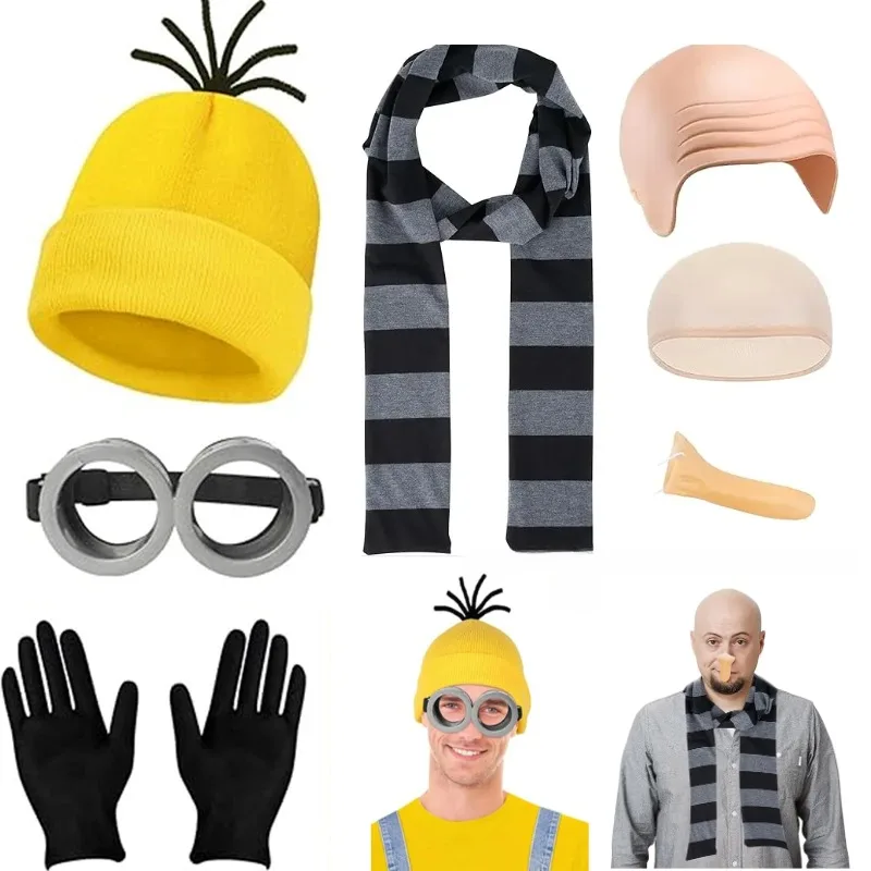 Minions Cosplay Costume Yellow Beanie Stretchy Gloves Steampunk Goggles Cosplay Prop Thief Dad Gray Striped Scarf Party Costumes