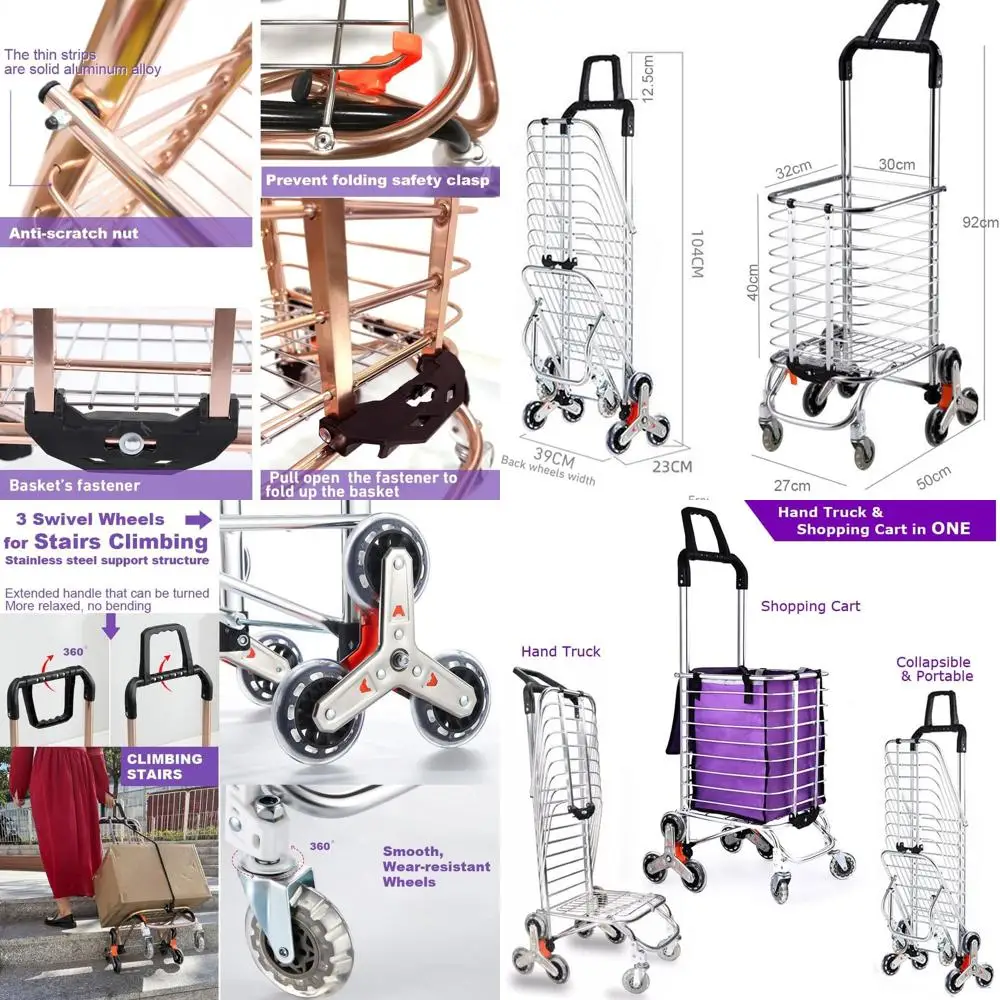 

2-in-1 Folding Shopping Cart and Hand Trolley, Lightweight Utility with Waterproof Bag, Elastic Cord for Groceries, Laundry, Cam