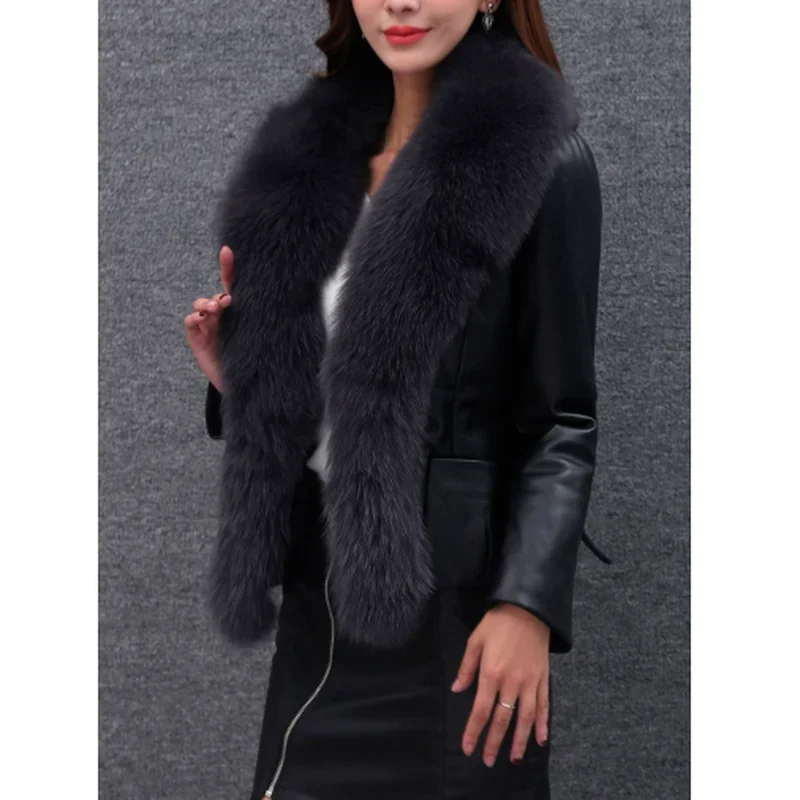 Winter Autumn and Pu Faux Fur Collar Stitching Women's Fashion Solid Color Jacket Ladies Elegant Lace-up Jacket Women Ladies