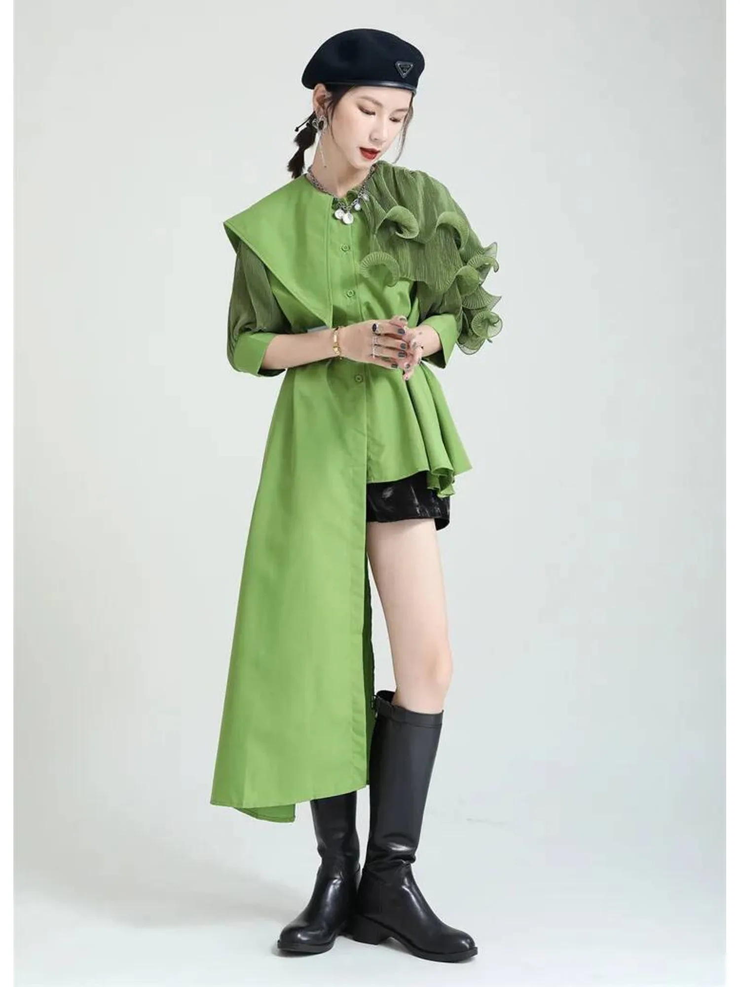 

Elegant Ruffle Collar Loose Dress with Puff Sleeves and Irregular Hem for Classical Dance Stage Performance Kimono Dress