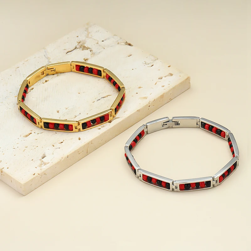 

G&D 2023 New Exquisite Fashion Retro Arrival Stainless Steel Black And Red Color Bracelet Mix Beads Unisex Bangle For Women