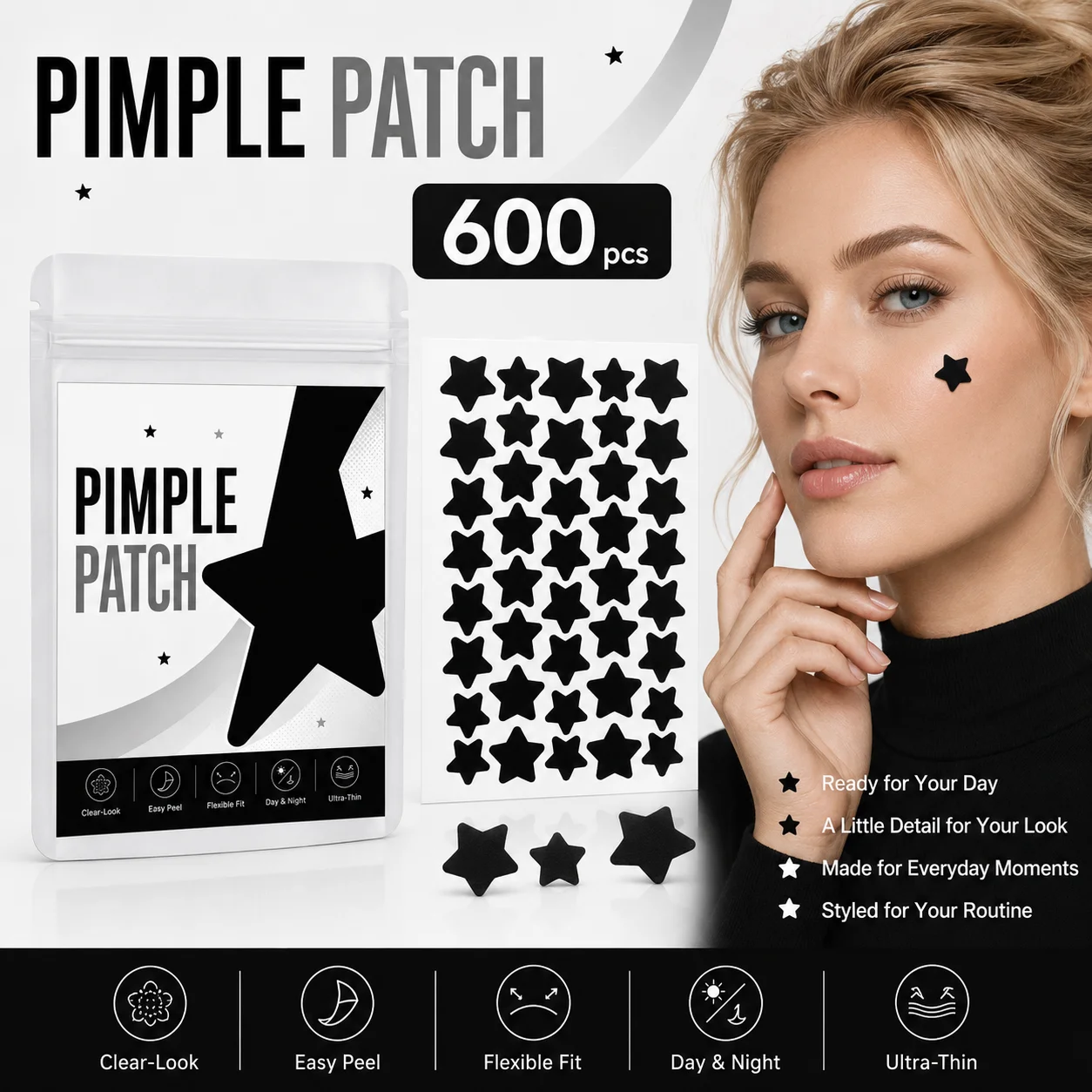 600pcs Mixed-Size Star-Shaped Pimple Patches, Black Decorative Face Stickers, Ultra-Thin, Day & Night, Photo-Ready