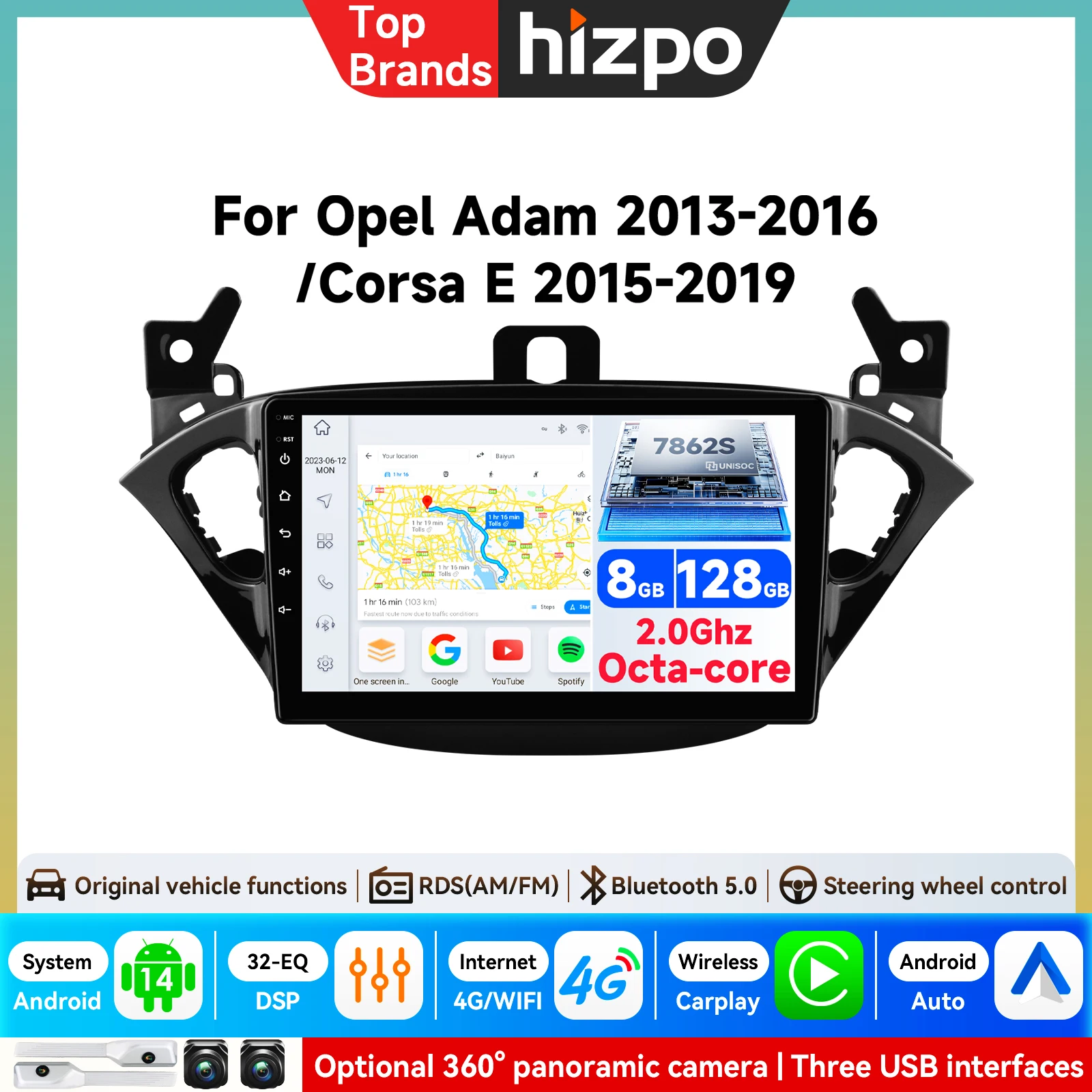 Autoradio 4G-LTE con Carplay e Android Auto per Opel Corsa E 2015-2019 e Opel Adam 2013-2016, Lettore Multimediale con GPS, WIFI e Stereo