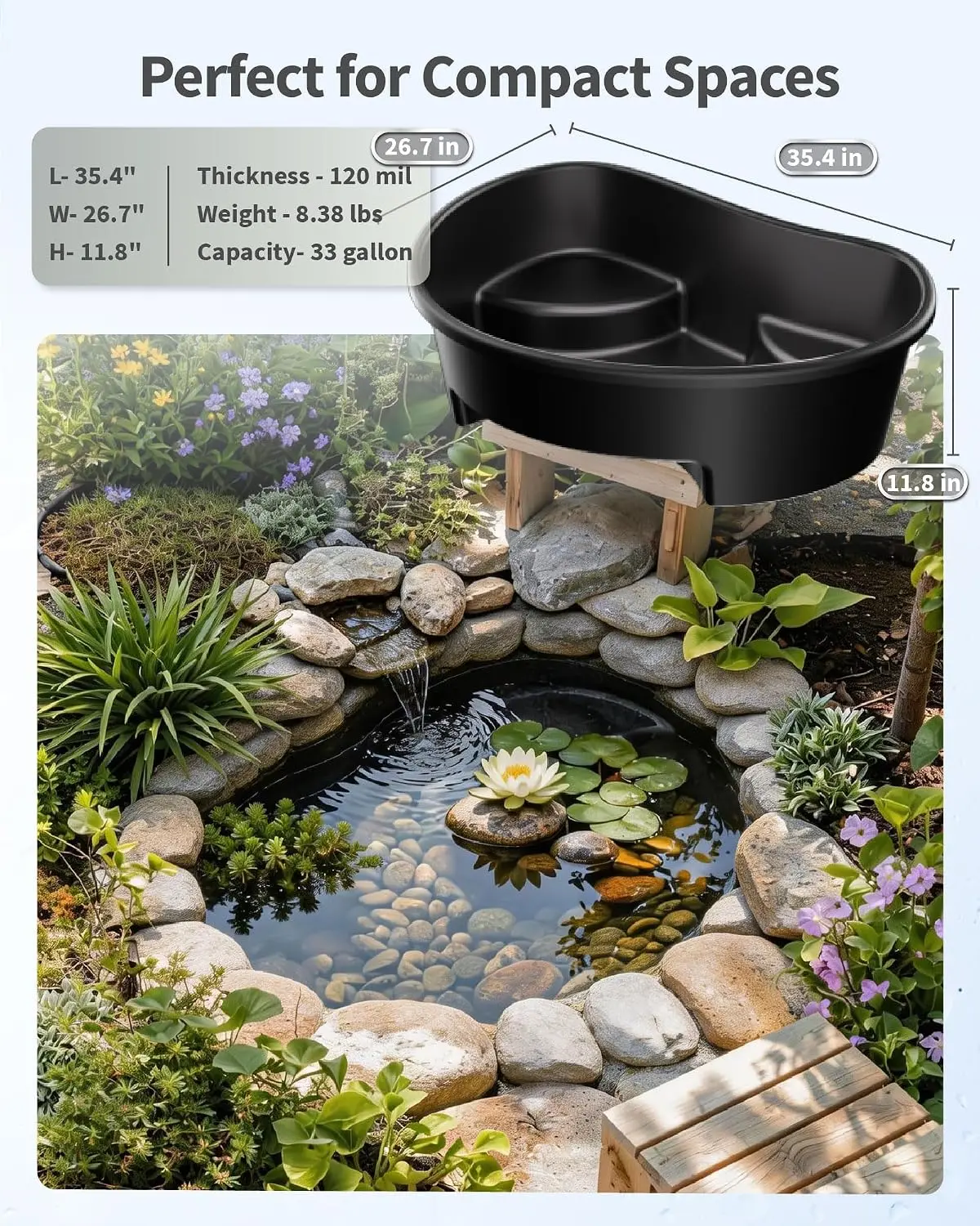 20 Gallon Rigid Pond Liner Preformed Integrated Plant Shelves Heavy Duty UV Resistant Plastic Backyard Patio Fountain Water Lily
