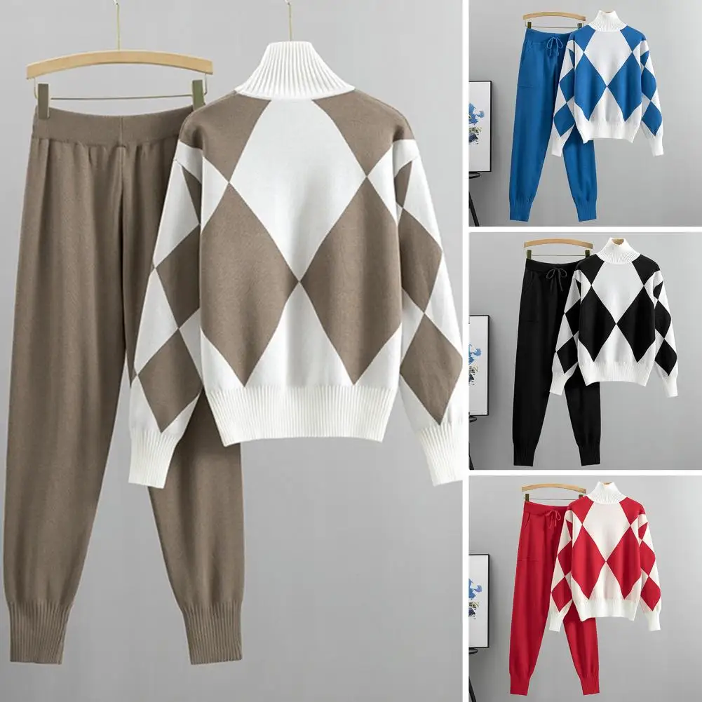 Ladies Two piece Suit Geometric Print Sweater Pants Set with High Collar Neck Winter Fall Suit for Women Knitted