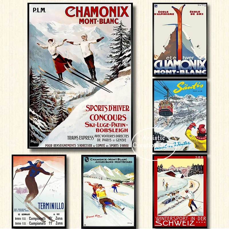 Vintage Ski Travel Poster Canvas Print  Chamonix Mont Blanc Wall Art for Modern Bedroom Decor  Skiing Picture Gifts