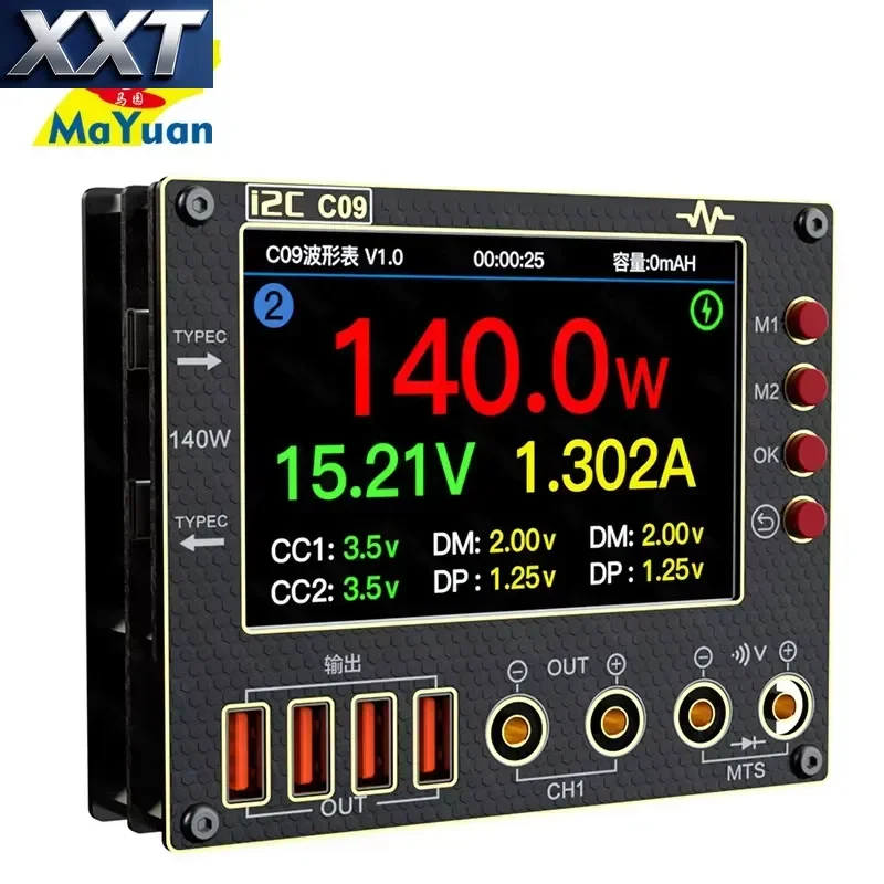 XXT i2C C09 Waveform Ammeter Digital Oscillograph 2 Channel Oscilloscope for Mobile Phone USB Charge Tester