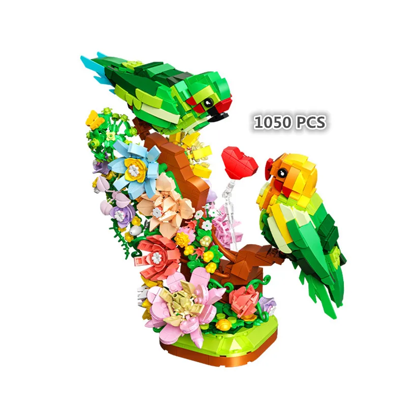 1050pcs+ Creative Moc Lovebirds Building Blocks Male And Female Parrot Sitting On Flowersbrick Model Toys