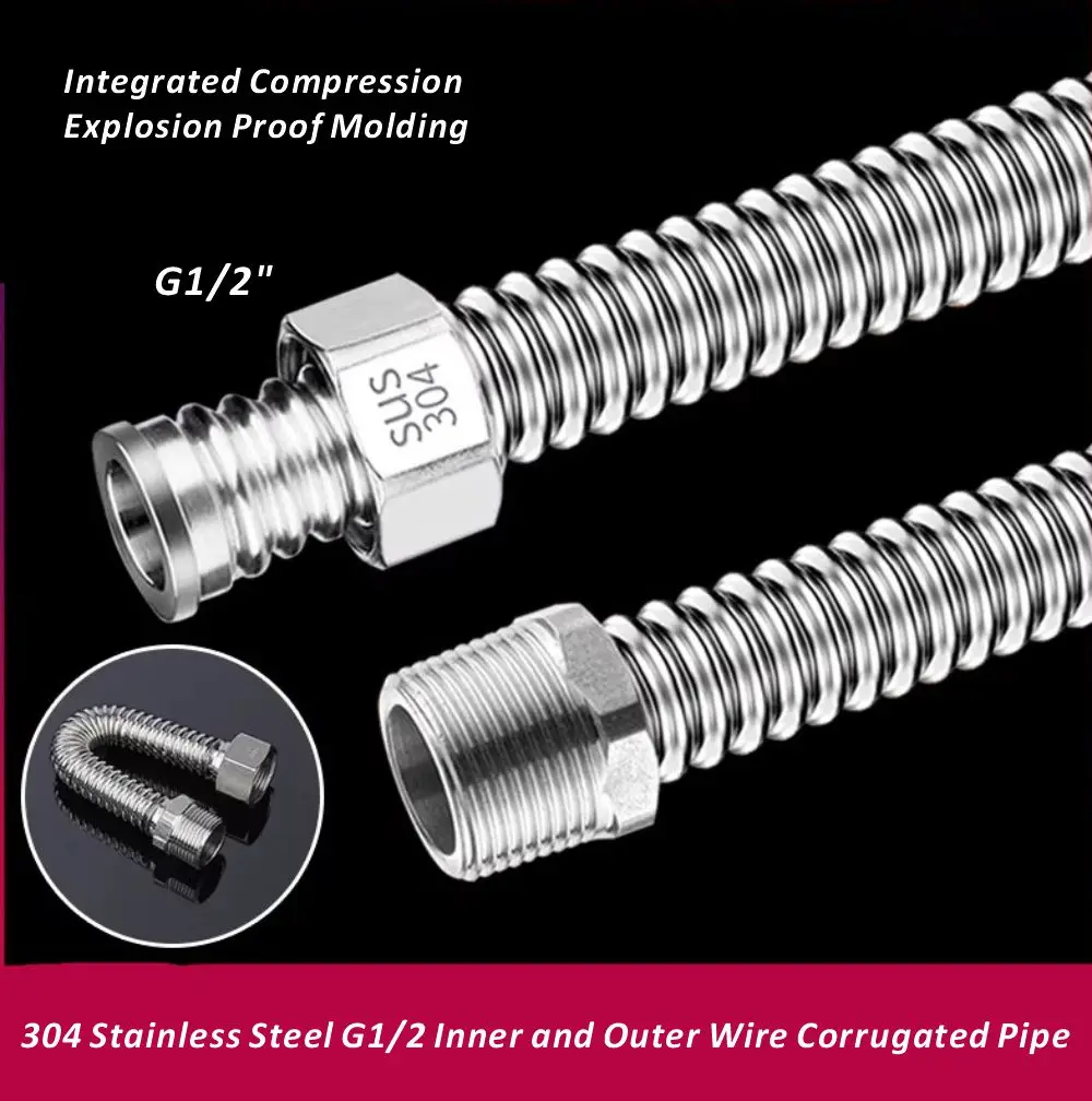 New SUS304 20-200cm G1/2 Inch Male Female Connector Cold Hot Water Hose Faucet Connection Tube Corrugated Pipe