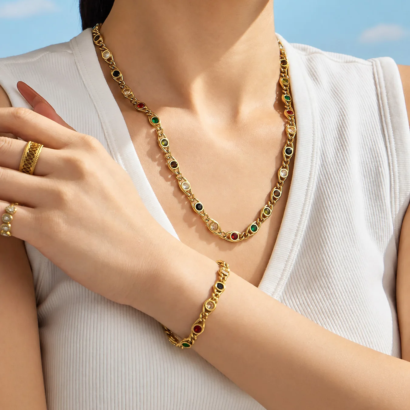 Boho Bunte Zirkon Halskette Armband 18k Vergoldetes Edelstahl Schmuckset für Damen Zierliches Party-Schmuckset – Detail 2