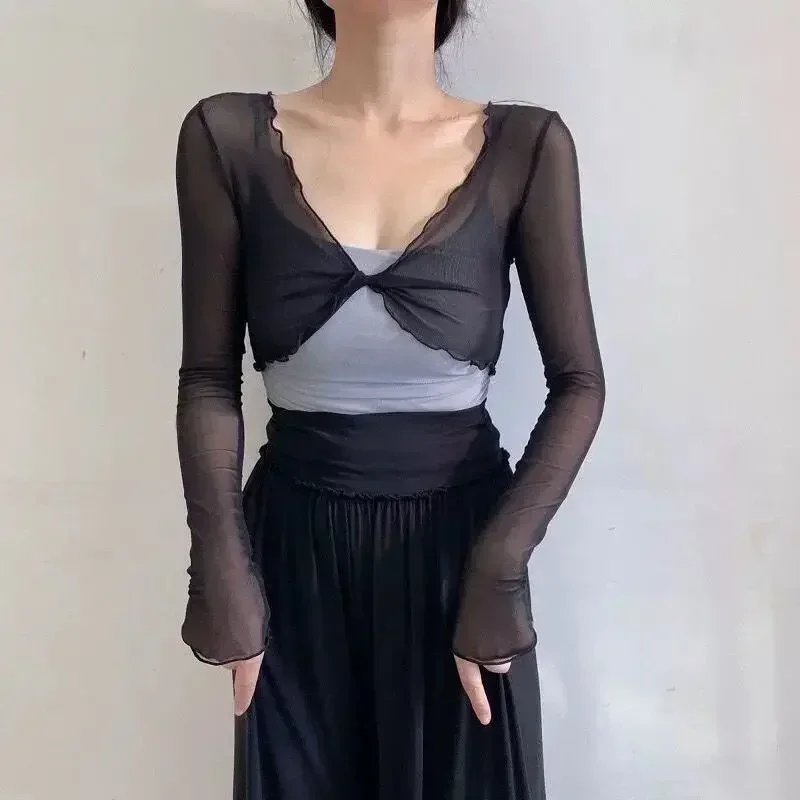 ملابس رقص باليه نسائية شبكية تغطي كم طويل خفيفة الوزن لليوجا الكلاسيكية الحديثة ممارسة الرقص يوتار القمم 2025 #3