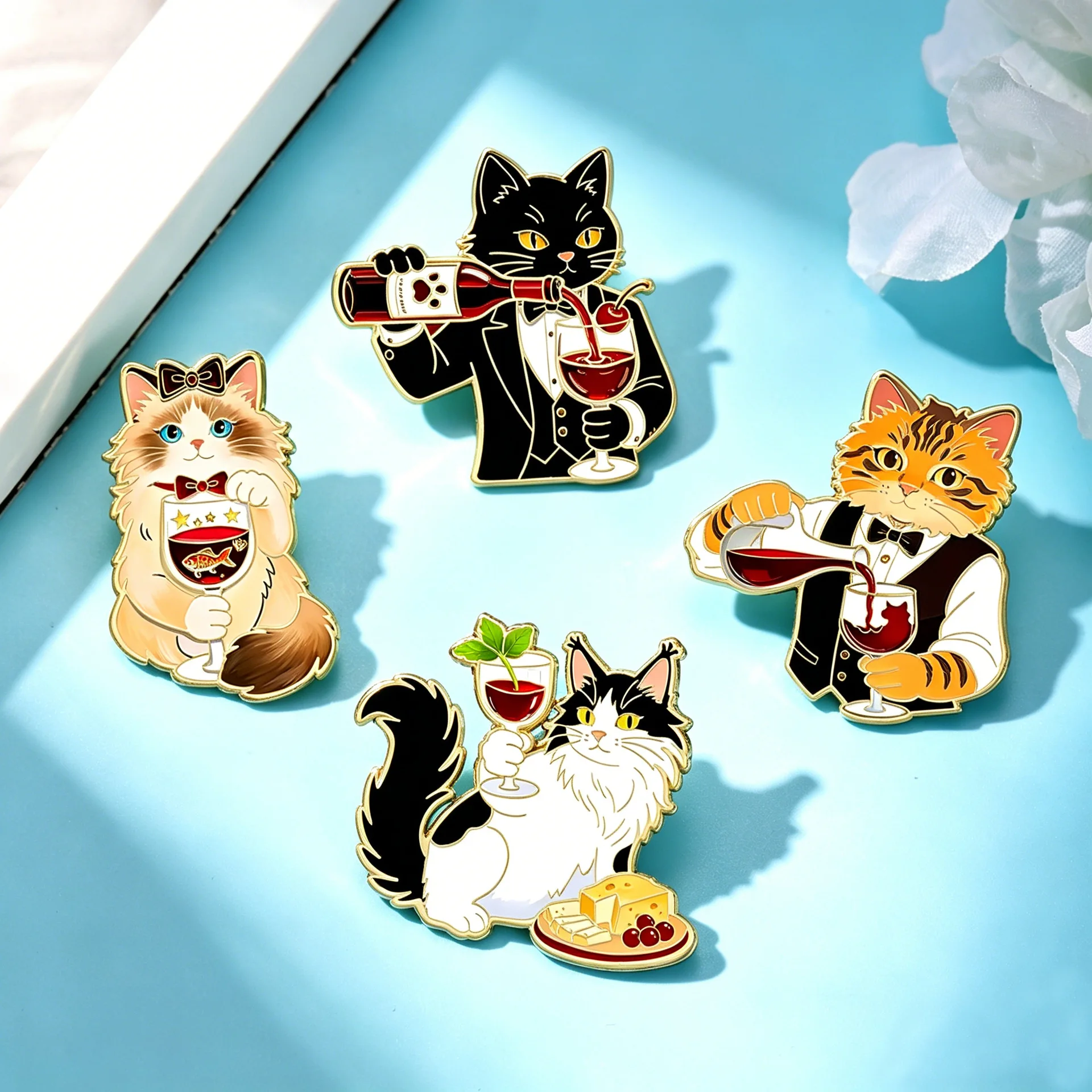 Cartoon Cat Theme Enamel Pins,Cute Potted Plant/Coffee Cup/Milk Dink/Waiter Cats Lapel Badges,Cute Animals Design,Fashion Jewely