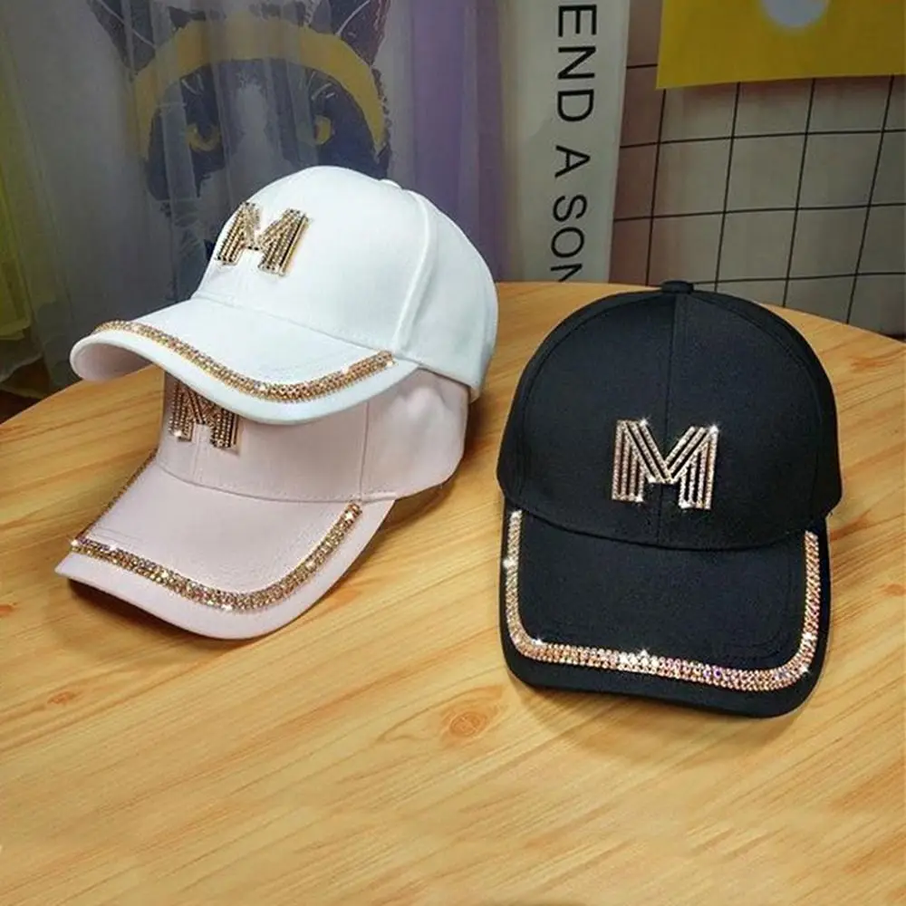 M Letter D English Letters Sunscreen Hat Adjustable Peaked Cap Women Baseball Cap Bling Rhinestones Korean Style Sun Visor