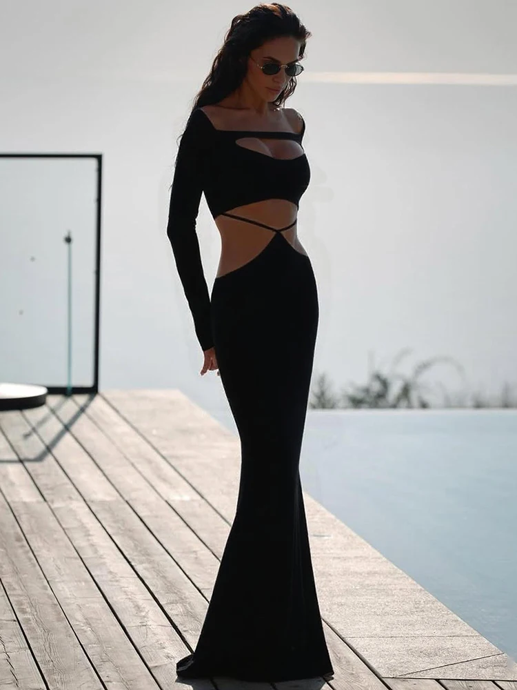 Bizarre chat Sexy creux taille robe femmes automne tendance col carré manches longues maigre Stretch élégant Style longue moulante