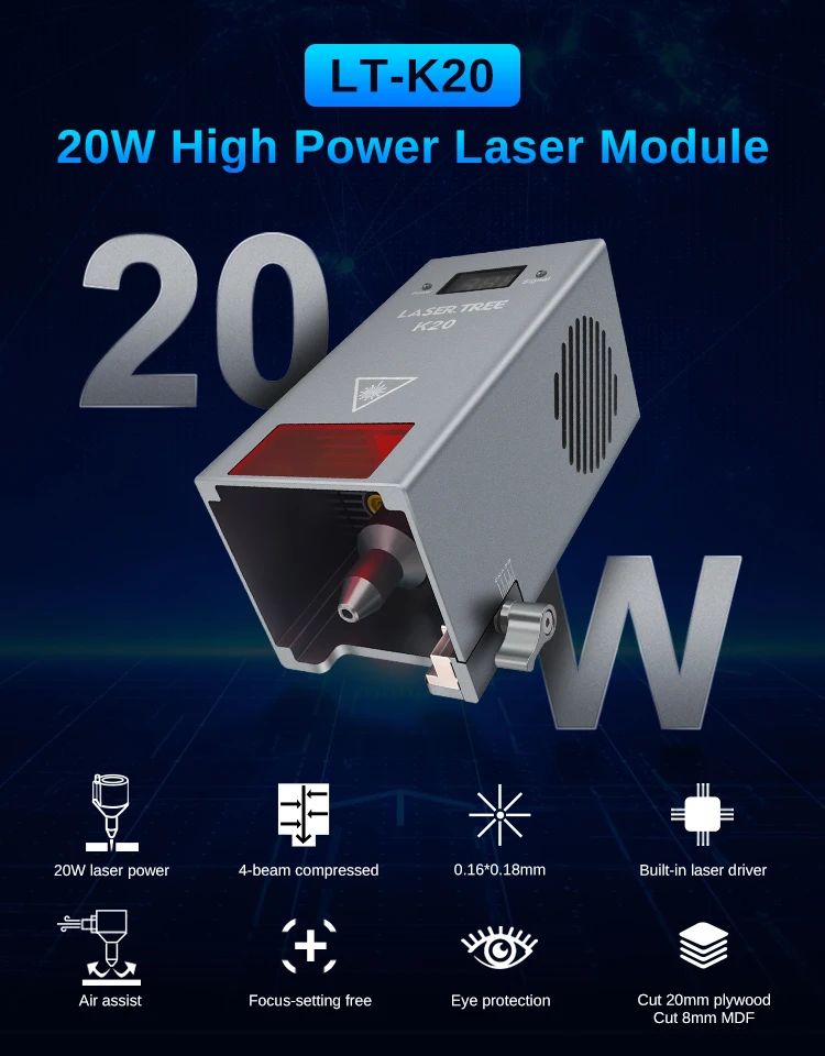 LASER TREE 20W 10W 5W Optical Power Laser Head 450nm Blue Light TTL Laser Module For CNC Engraver Wood Cutting DIY Tools