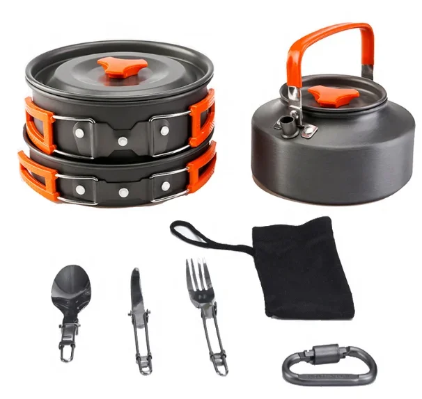 Outdoor Pot Set with Teapot Portable Camping Cookware Tableware Kits for 1-2 People 3 Colors