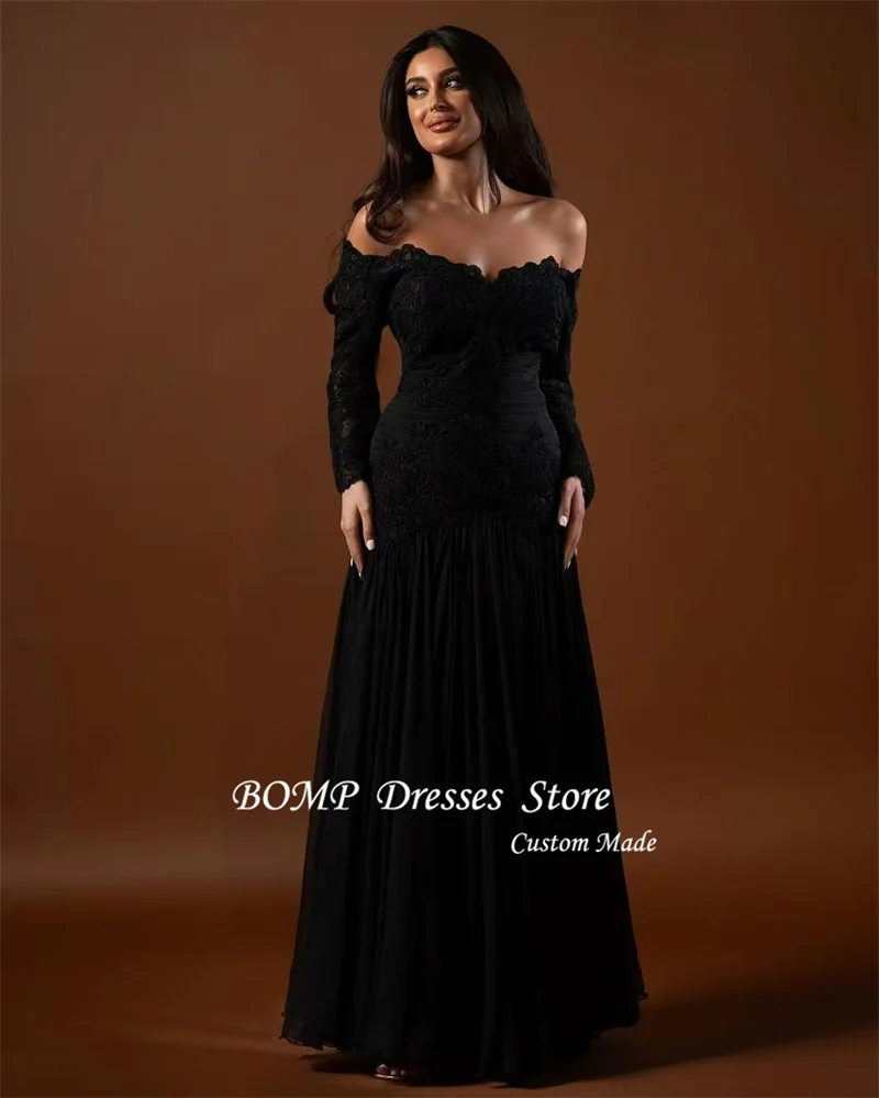 BOMP Sexy Off Shoulder Black Evening Dresses Long Sleeves Lace Floor Length Prom Gowns Formal Party Dress Plus Size Customized