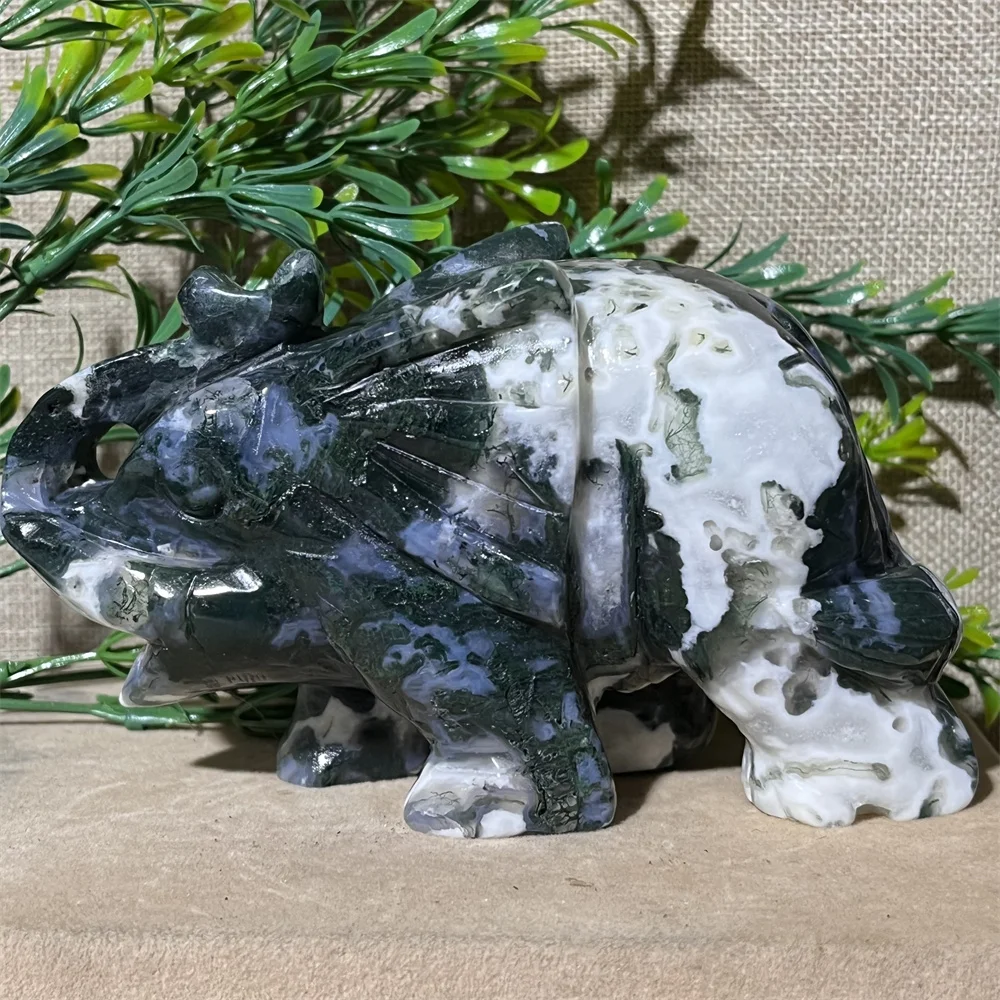 Crystal Natura Moss Agate Elephant Carving Stone Quartz Animal Druzy Feng Shui Healing Polishing Craft Minerals  Home Decoration