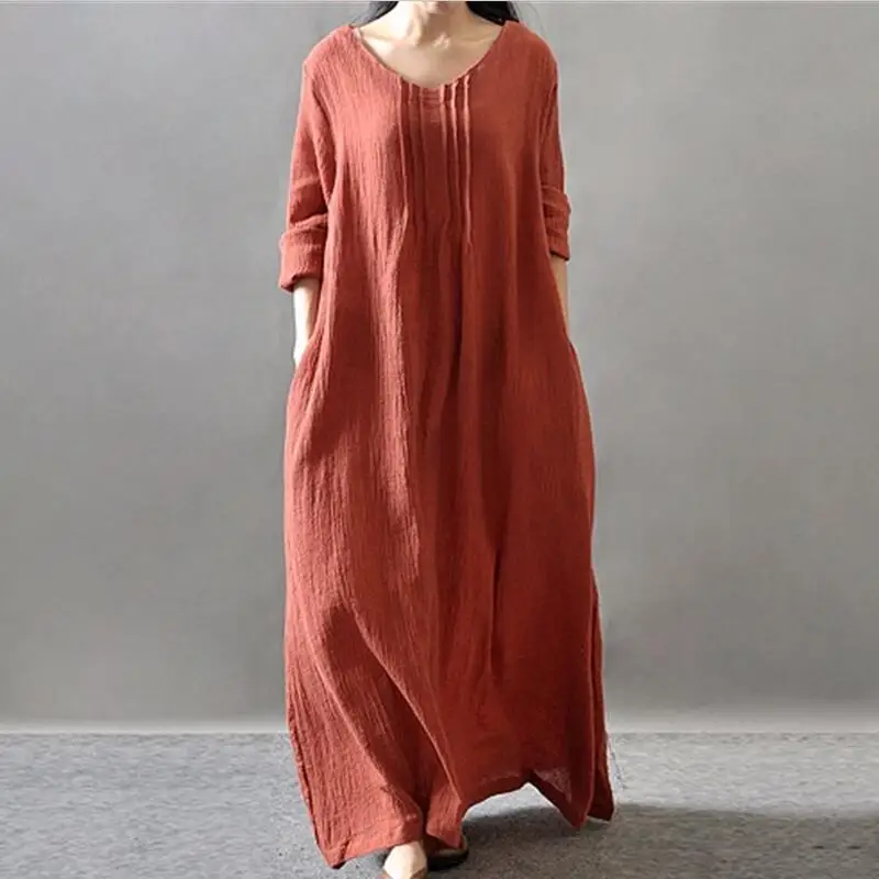Autumn 2026 Loose Cotton Linen Long Dress Ladies Solid Color Vintage Maxi Dress Spring Female Robe Casual Loose Dresses Vestidos