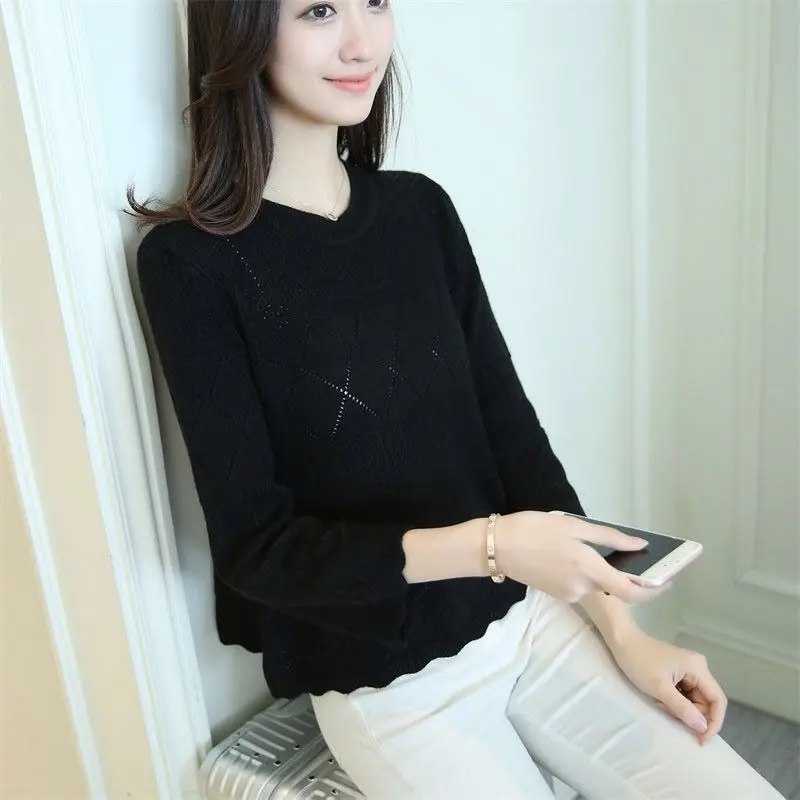 Women Autumn Korean Loose Fashion Hollow Out Solid Color O-neck 3/4 Sleeve Knitwear Ladies All-match Knitting Bottoming Shirt