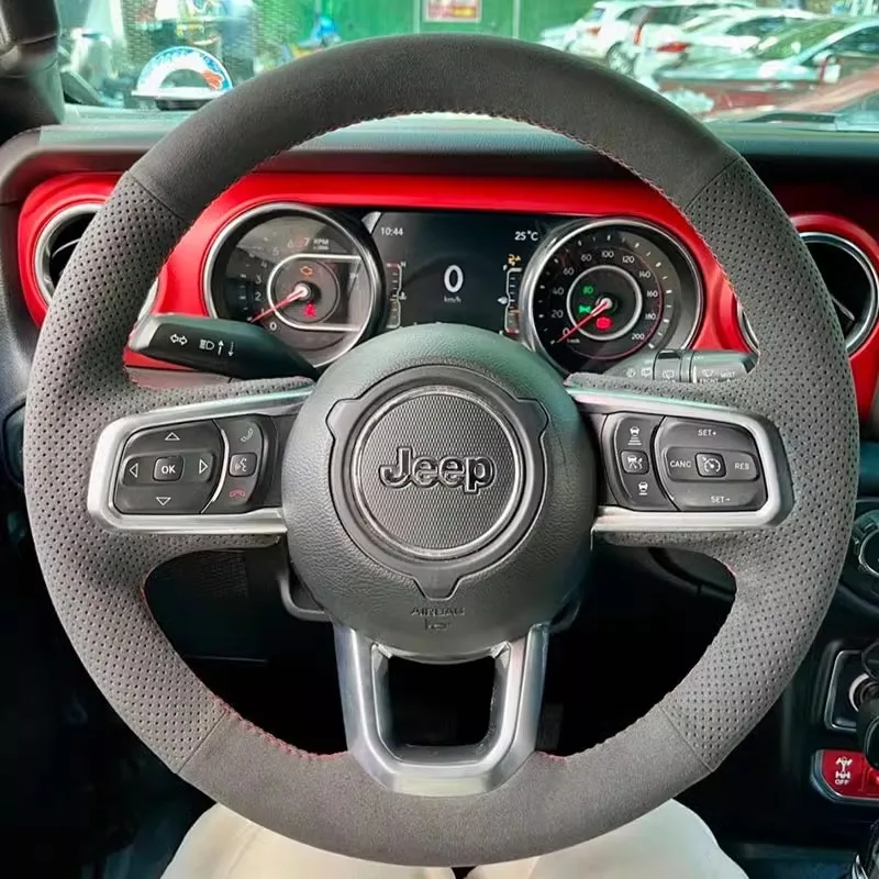 Hand-stitched Black genuine leather carbon fibre non-slip car steering wheel cover for Jeep Wrangler 2018-2021